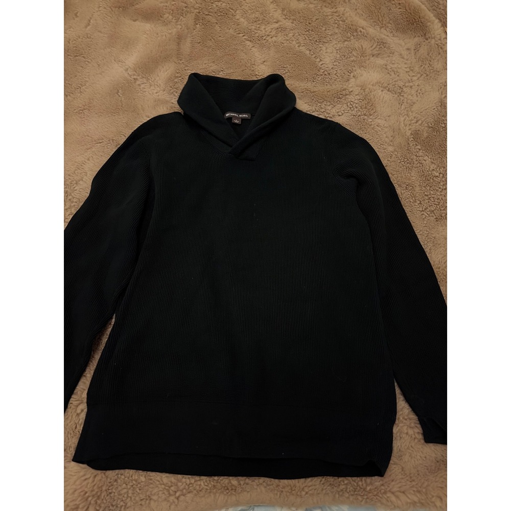 Michael Kors Womens Black Ribbed Knit Shawl Collar V-Neck Sweater Size L